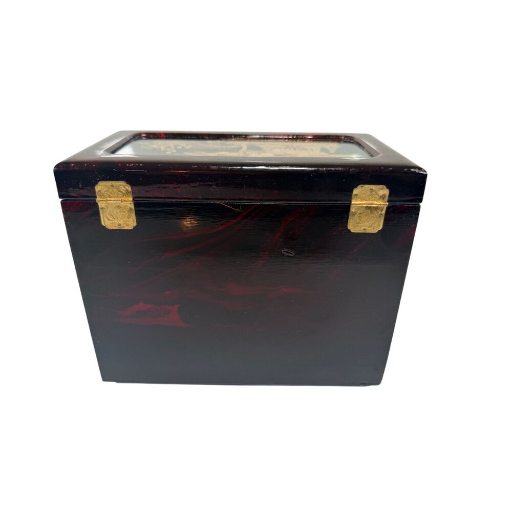 Vintage Oriental Wood Laquer Jewelry Box Red Silk Lining Mirror Carved Top - Picture 10 of 16
